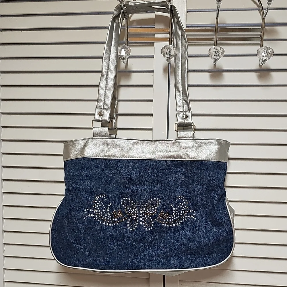 Vintage New Blair Navy Denim Shoulder Bag with Silver Trim Butterfly Rhinestones